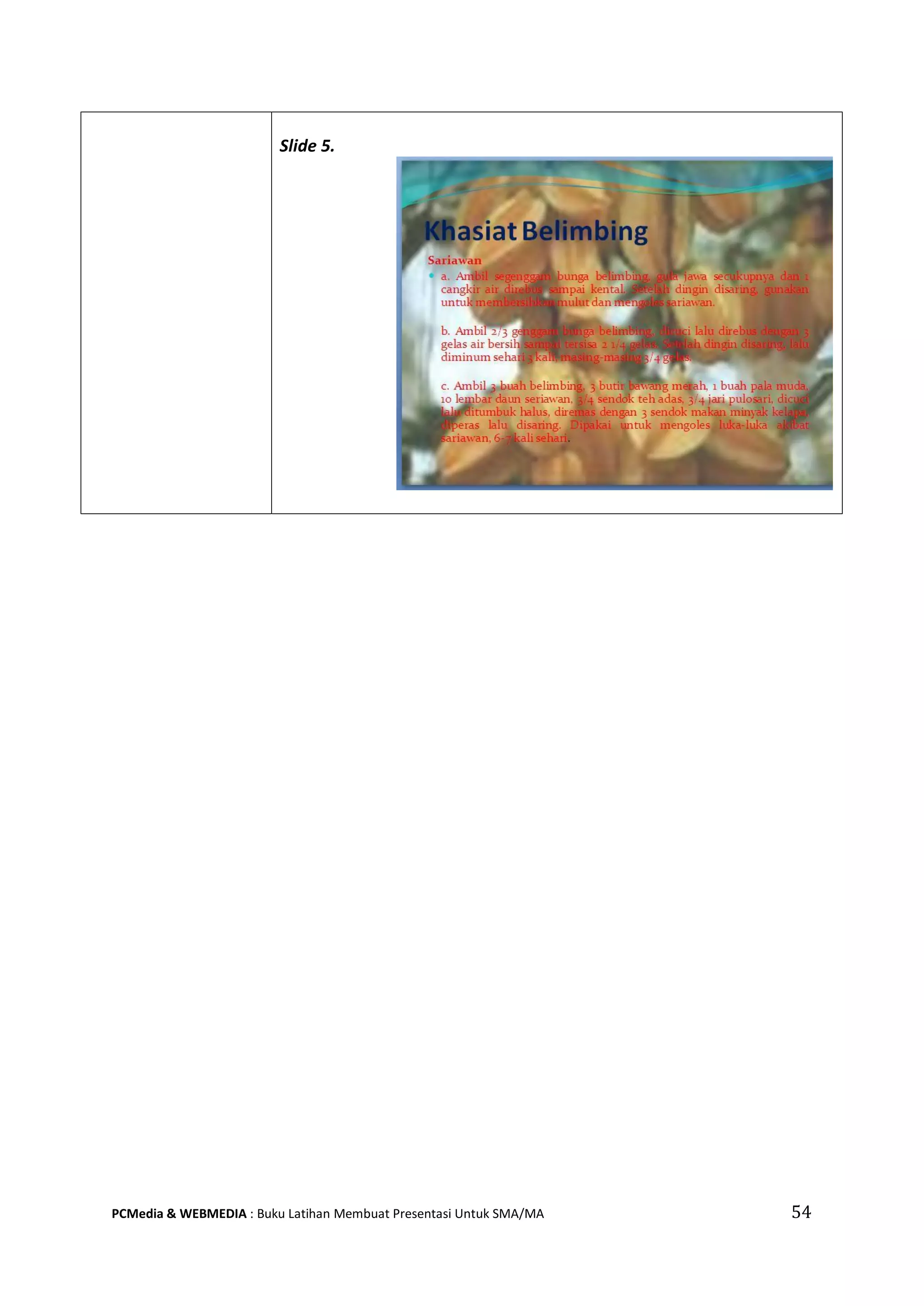 Slide 5.
PCMedia & WEBMEDIA : Buku Latihan Membuat Presentasi Untuk SMA/MA 54
 