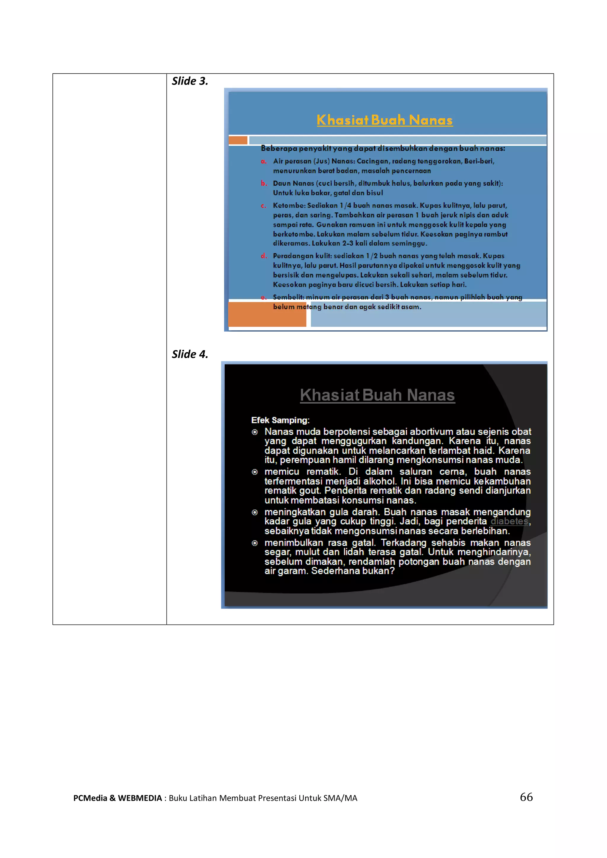 66PCMedia & WEBMEDIA : Buku Latihan Membuat Presentasi Untuk SMA/MA
Slide 3.
Slide 4.
 