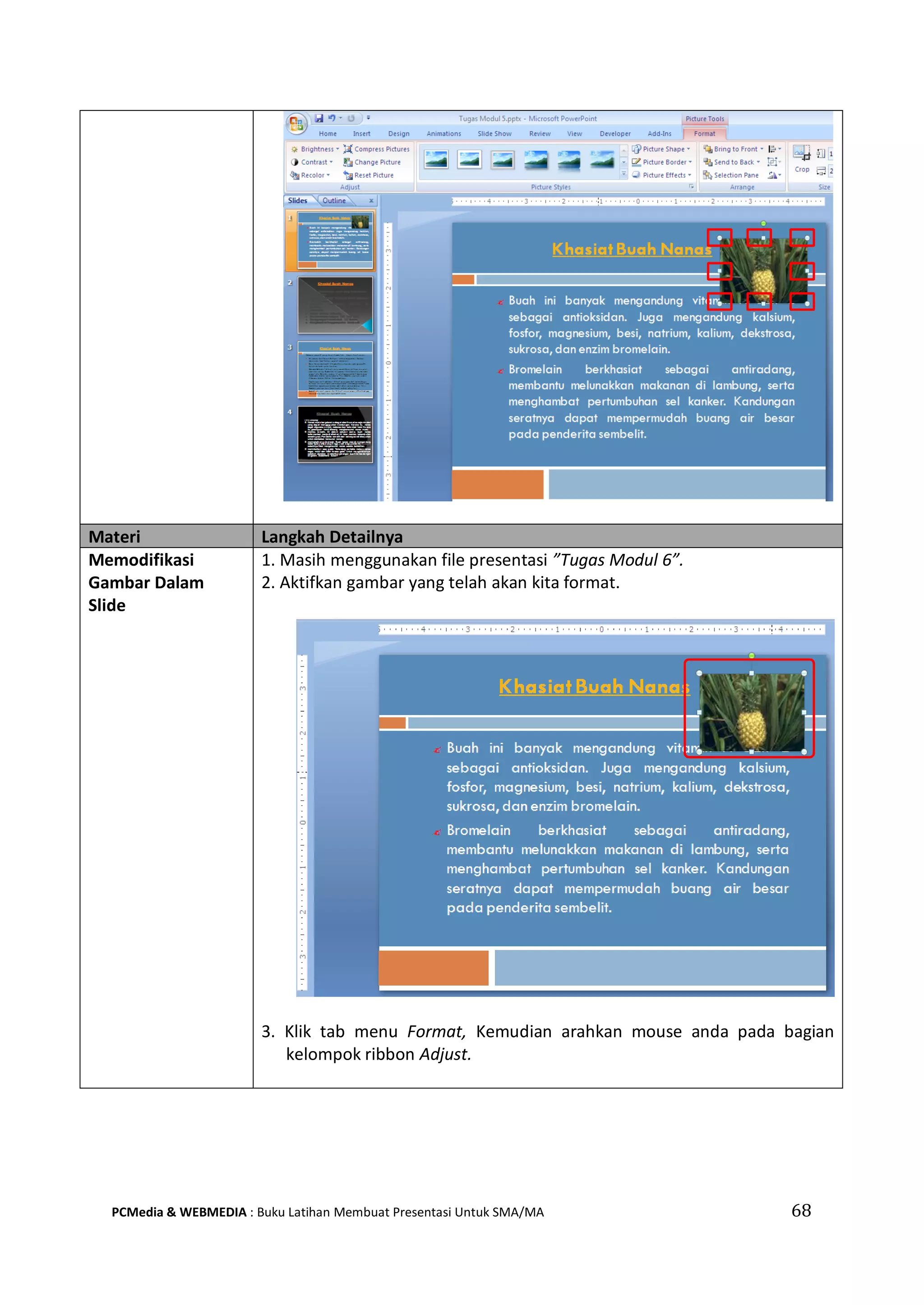 Materi Langkah Detailnya
Memodifikasi
Gambar Dalam
Slide
1. Masih menggunakan file presentasi ”Tugas Modul 6”.
2. Aktifkan gambar yang telah akan kita format.
3. Klik tab menu Format, Kemudian arahkan mouse anda pada bagian
kelompok ribbon Adjust.
PCMedia & WEBMEDIA : Buku Latihan Membuat Presentasi Untuk SMA/MA 68
 