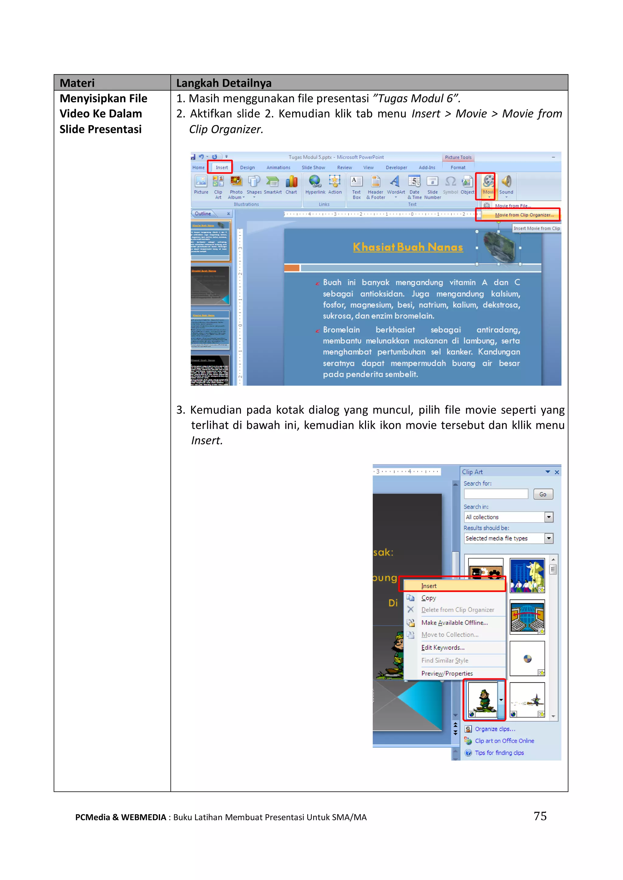 Materi Langkah Detailnya
Menyisipkan File
Video Ke Dalam
Slide Presentasi
1. Masih menggunakan file presentasi ”Tugas Modul 6”.
2. Aktifkan slide 2. Kemudian klik tab menu Insert > Movie > Movie from
Clip Organizer.
3. Kemudian pada kotak dialog yang muncul, pilih file movie seperti yang
terlihat di bawah ini, kemudian klik ikon movie tersebut dan kllik menu
Insert.
PCMedia & WEBMEDIA : Buku Latihan Membuat Presentasi Untuk SMA/MA 75
 