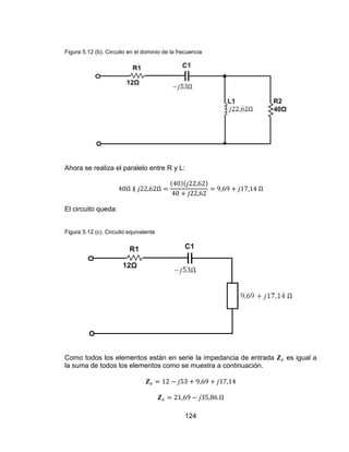 124
Figura 5.12 (b). Circuito en el dominio de la frecuencia
Ahora se realiza el paralelo entre R y L:
El circuito queda:
Figura 5.12 (c). Circuito equivalente
Como todos los elementos están en serie la impedancia de entrada es igual a
la suma de todos los elementos como se muestra a continuación.
 