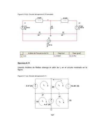 167
Figura 6.10 (b). Circuito del ejercicio 6.10 simulado
Ejercicio 6.11
Usando Análisis de Mallas obtenga el valor de Io en el circuito mostrado en la
figura.
Figura 6.11 (a). Circuito del ejercicio 6.11
 