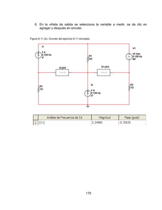 170
6. En la viñeta de salida se selecciona la variable a medir, se da clic en
agregar y después en simular.
Figura 6.11 (b). Circuito del ejercicio 6.11 simulado
 