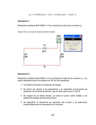 199
Simulación 1
Mediante el software MULTISIM 11.0 se comprobó el valor de la corriente .
Figura 6.20 (e). Circuito de la figura 6.20 (b) simulado
Simulación 2
Mediante el software MULTISIM 11.0 se comprobó el valor de la corriente . Los
pasos realizados para la simulación en AC son los siguientes:
1. Se diseñó el circuito en el espacio de trabajo.
2. Se dieron los valores a los dispositivos y se especificó la frecuencia de
operación de la fuente de tensión, que en este caso es de 0,159 Hz.
3. Se ingresó en la viñeta simular, se ubicó el cursor sobre análisis y se
seleccionó análisis de frecuencia única.
4. Se especificó la frecuencia de operación del circuito y se seleccionó
magnitud/fase para la respuesta de la corriente.
 