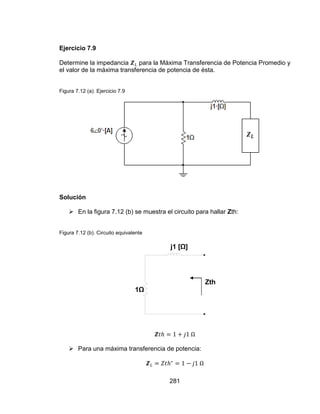 281
Ejercicio 7.9
Determine la impedancia para la Máxima Transferencia de Potencia Promedio y
el valor de la máxima transferencia de potencia de ésta.
Figura 7.12 (a). Ejercicio 7.9
Solución
 En la figura 7.12 (b) se muestra el circuito para hallar Zth:
Figura 7.12 (b). Circuito equivalente
 Para una máxima transferencia de potencia:
j1 [Ω]
1Ω
Zth
 