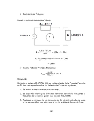 290
 Equivalente de Thévenin:
Figura 7.14 (d). Circuito equivalente de Thévenin
 Máxima Potencia Promedio Transferida:
Simulación
Mediante el software MULTISIM 11.0 se verificó el valor de la Potencia Promedio
en R2. Los pasos para la realización de la simulación son los siguientes:
1. Se realizó el diseño en el espacio de trabajo.
2. Se digitó los valores para todos los elementos del circuito incluyendo la
frecuencia de operación, que en este caso es de 0,159 Hz.
3. Finalizada la conexión de los elementos, se dio clic sobre simular, se ubicó
el cursor en análisis y se seleccionó la opción análisis de frecuencia única.
 
