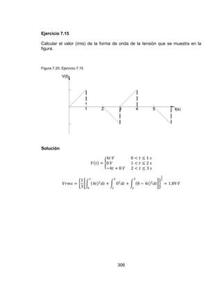 306
Ejercicio 7.15
Calcular el valor (rms) de la forma de onda de la tensión que se muestra en la
figura.
Figura 7.20. Ejercicio 7.15
Solución
 