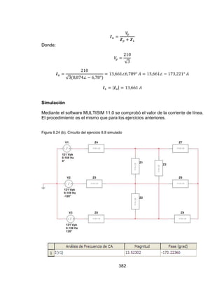 382
Donde:
Simulación
Mediante el software MULTISIM 11.0 se comprobó el valor de la corriente de línea.
El procedimiento es el mismo que para los ejercicios anteriores.
Figura 8.24 (b). Circuito del ejercicio 8.8 simulado
 