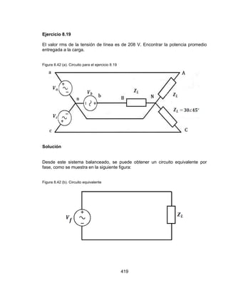 419
Ejercicio 8.19
El valor rms de la tensión de línea es de 208 V. Encontrar la potencia promedio
entregada a la carga.
Figura 8.42 (a). Circuito para el ejercicio 8.19
Solución
Desde este sistema balanceado, se puede obtener un circuito equivalente por
fase, como se muestra en la siguiente figura:
Figura 8.42 (b). Circuito equivalente
 