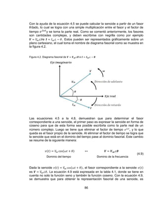 86
Con la ayuda de la ecuación 4.5 se puede calcular la senoide a partir de un fasor
dado, lo cual se logra con una simple multiplicación entre el fasor y el factor de
tiempo y se toma la parte real. Como se comentó anteriormente, los fasores
son cantidades complejas, y deben escribirse con negrilla como por ejemplo
e . Estos pueden ser representados gráficamente sobre un
plano cartesiano, el cual toma el nombre de diagrama fasorial como se muestra en
la figura 4.2.
Figura 4.2. Diagrama fasorial de e
Las ecuaciones 4.5 a la 4.8, demuestran que para determinar el fasor
correspondiente a una senoide, el primer paso es expresar la senoide en forma de
coseno para que de esta forma sea posible escribirla como la parte real de un
número complejo. Luego se tiene que eliminar el factor de tiempo , y lo que
queda es el fasor propio de la senoide. Al eliminar el factor de tiempo se logra que
la senoide que está en el dominio del tiempo pase al dominio fasorial. Este cambio
se resume de la siguiente manera:
(4.9)
Dominio del tiempo Dominio de la frecuencia
Dada la senoide , el fasor correspondiente a la senoide
es . La ecuación 4.9 está expresada en la tabla 4.1, donde se tiene en
cuenta no solo la función seno y también la función coseno. Con la ecuación 4.9,
se demuestra que para obtener la representación fasorial de una senoide, es
 