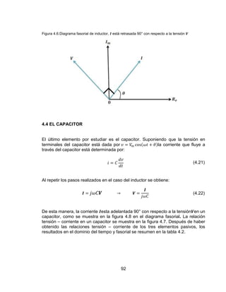 92
Figura 4.6.Diagrama fasorial de inductor, está retrasada 90° con respecto a la tensión
4.4 EL CAPACITOR
El último elemento por estudiar es el capacitor. Suponiendo que la tensión en
terminales del capacitor está dada por la corriente que fluye a
través del capacitor está determinada por:
(4.21)
Al repetir los pasos realizados en el caso del inductor se obtiene:
(4.22)
De esta manera, la corriente esta adelantada 90° con respecto a la tensión en un
capacitor, como se muestra en la figura 4.8 en el diagrama fasorial. La relación
tensión – corriente en un capacitor se muestra en la figura 4.7. Después de haber
obtenido las relaciones tensión – corriente de los tres elementos pasivos, los
resultados en el dominio del tiempo y fasorial se resumen en la tabla 4.2.
 
