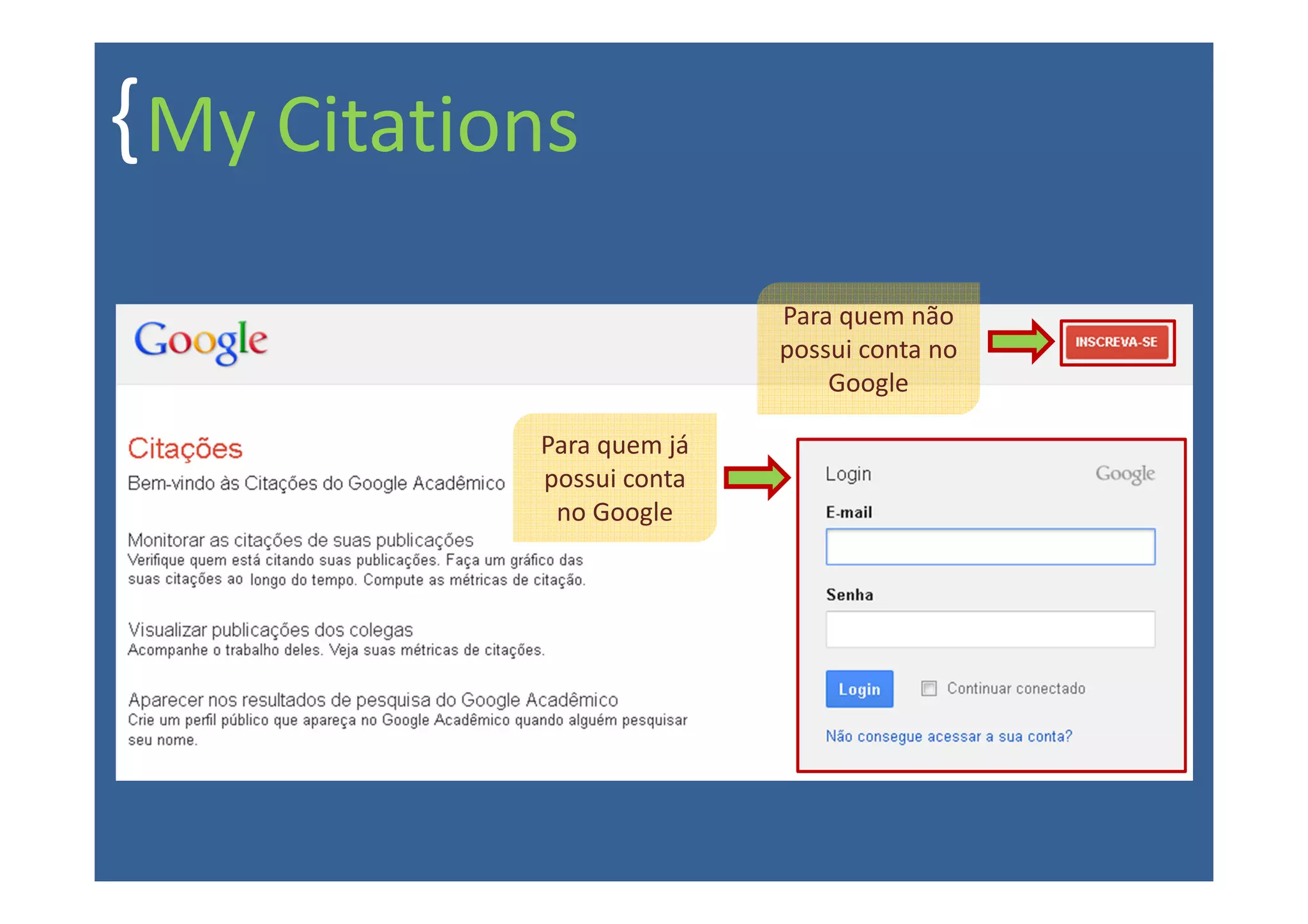 { My Citations
                           Para quem não
                           possui conta no
                               Google

            Para quem já
            possui conta
             no Google
 