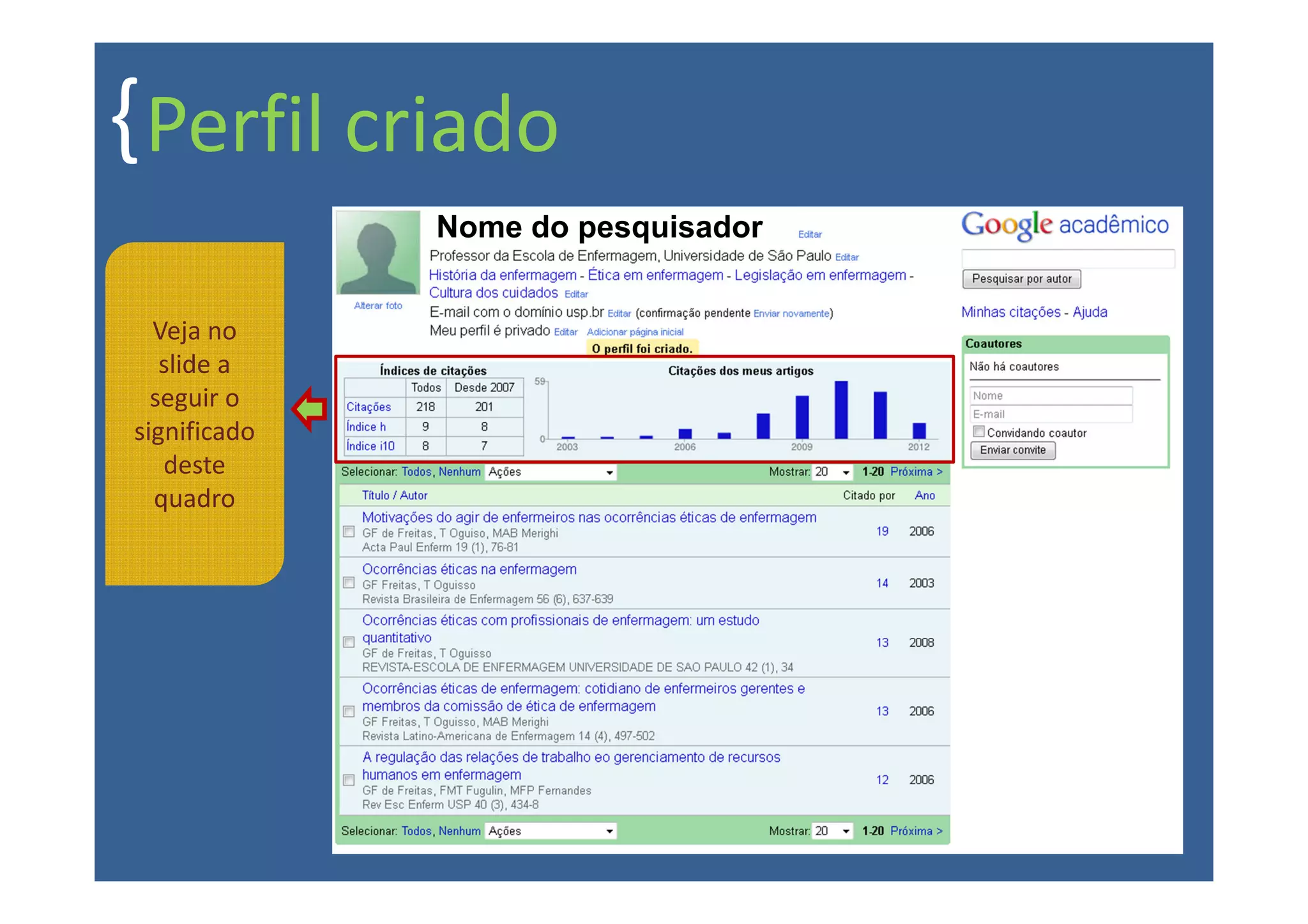 { Perfil criado
              Nome do pesquisador


  Veja no
   slide a
  seguir o
significado
   deste
  quadro
 