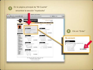 1

En la página principal de "Mi Cuenta"
encontrar la sección "myebooks"1

2

Clic en “Enter”

2

 