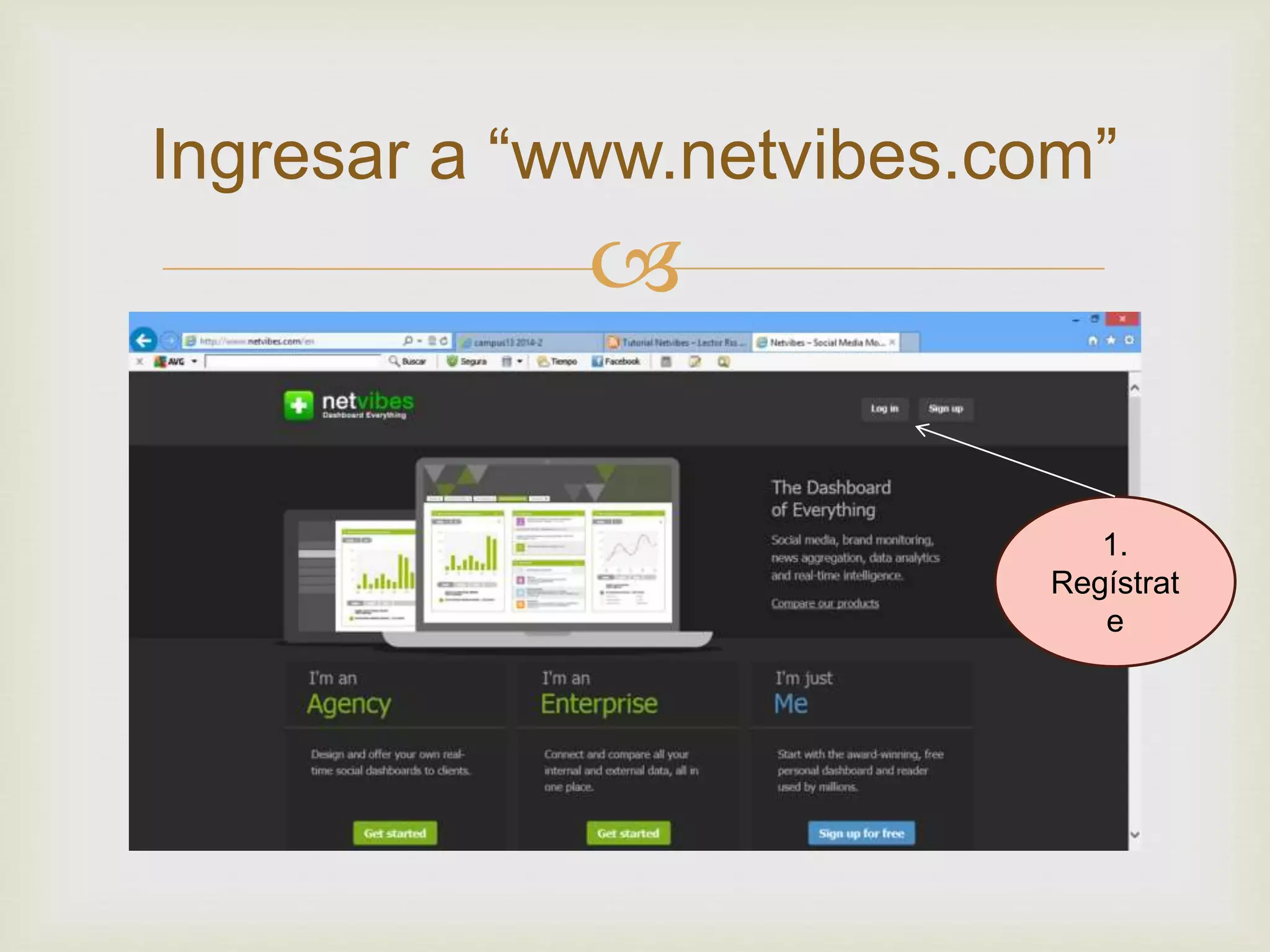 Ingresar a “www.netvibes.com”
1.
Regístrat
e