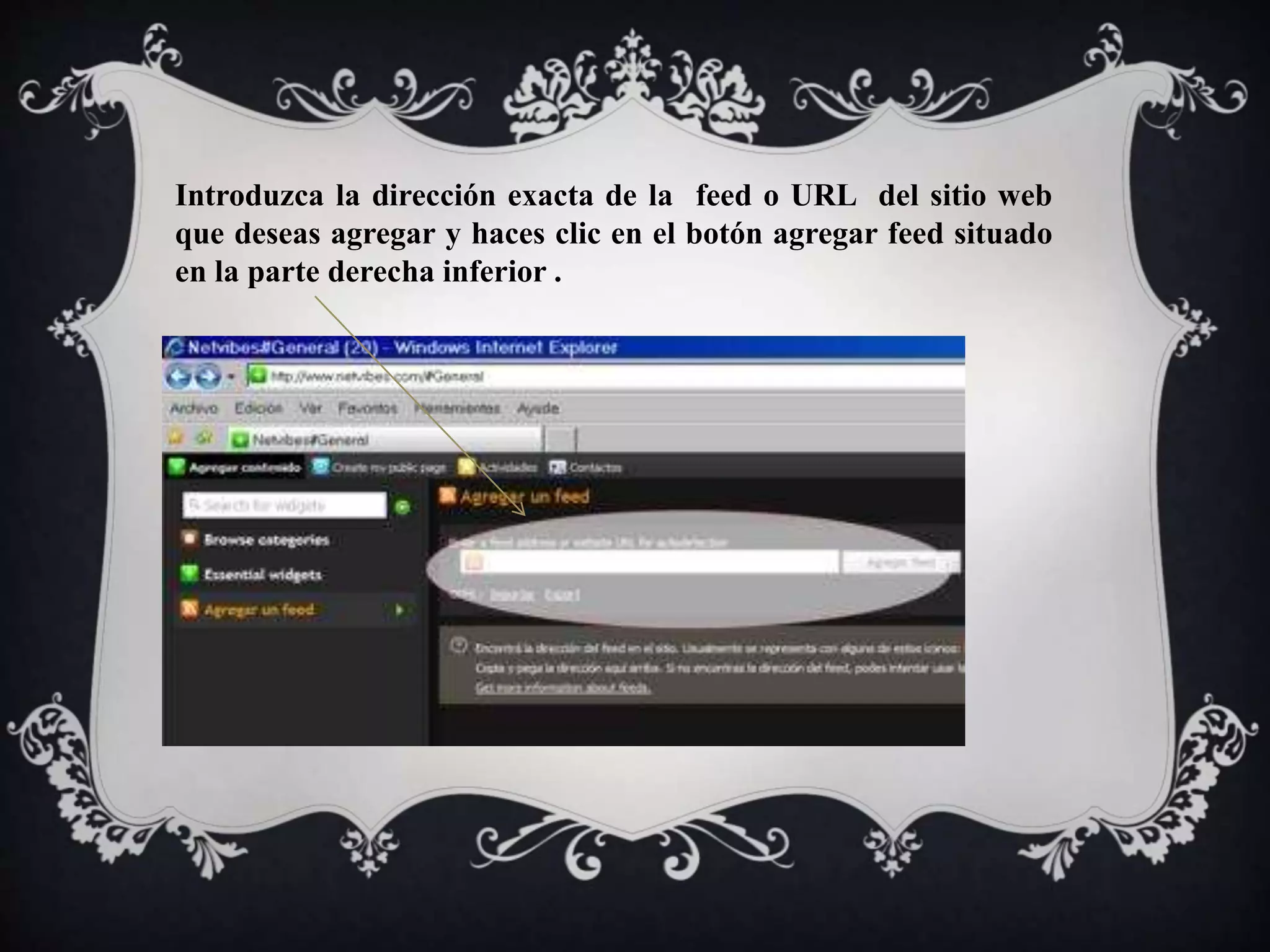 Introduzca la dirección exacta de la feed o URL del sitio web 
que deseas agregar y haces clic en el botón agregar feed situado 
en la parte derecha inferior . 
 
