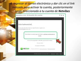 6. Ingresar al correo electrónico y dar clic en el link 
indicado para activar la cuenta, posteriormente 
serás direccionado a tu cuenta de Netvibes 
 