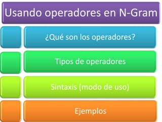 Usando operadores en N-Gram
       ¿Qué son los operadores?

         Tipos de operadores

        Sintaxis (modo de uso)

              Ejemplos
 