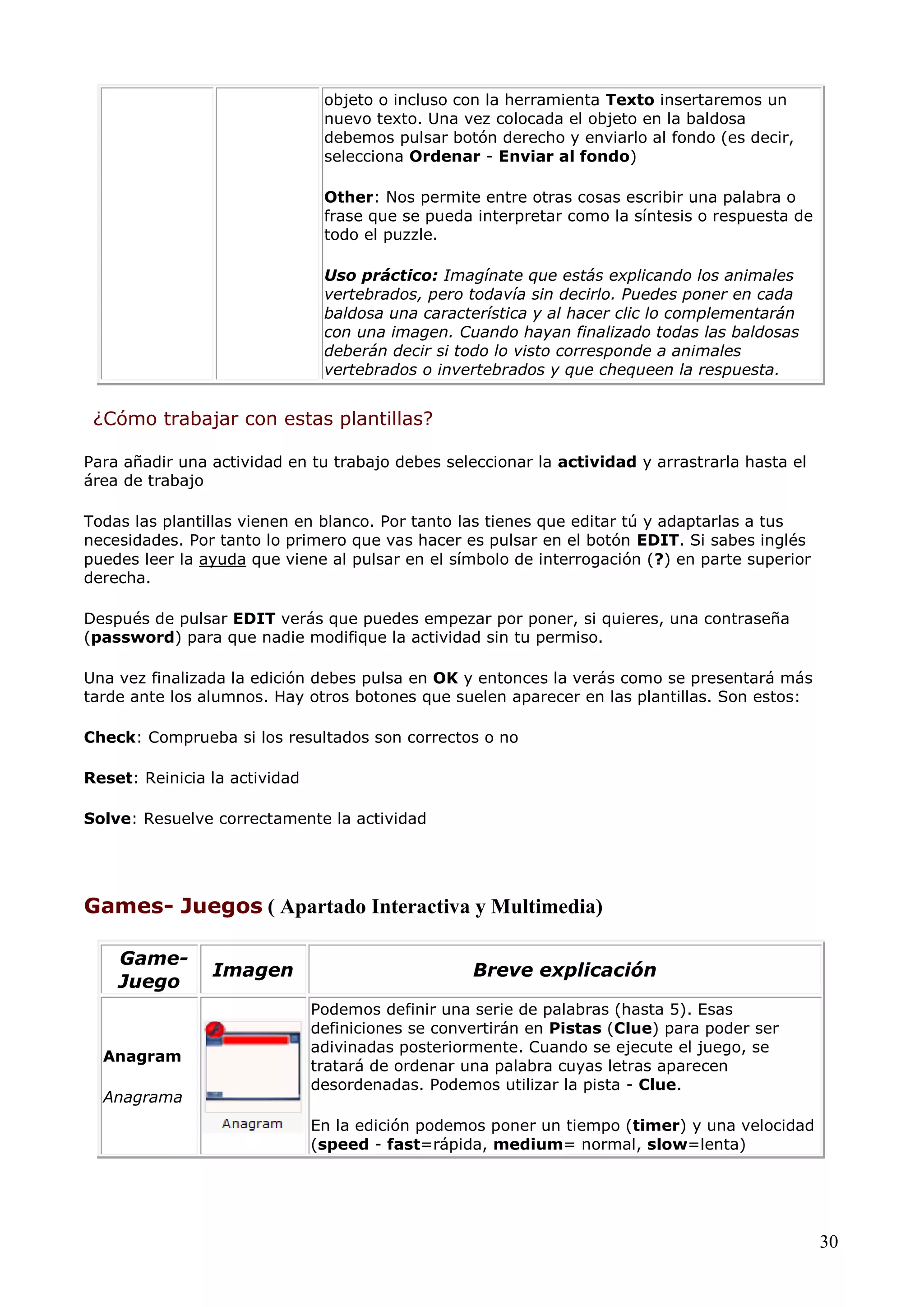 objeto o incluso con la herramienta Texto insertaremos un
nuevo texto. Una vez colocada el objeto en la baldosa
debemos pulsar botón derecho y enviarlo al fondo (es decir,
selecciona Ordenar - Enviar al fondo)
Other: Nos permite entre otras cosas escribir una palabra o
frase que se pueda interpretar como la síntesis o respuesta de
todo el puzzle.
Uso práctico: Imagínate que estás explicando los animales
vertebrados, pero todavía sin decirlo. Puedes poner en cada
baldosa una característica y al hacer clic lo complementarán
con una imagen. Cuando hayan finalizado todas las baldosas
deberán decir si todo lo visto corresponde a animales
vertebrados o invertebrados y que chequeen la respuesta.

¿Cómo trabajar con estas plantillas?
Para añadir una actividad en tu trabajo debes seleccionar la actividad y arrastrarla hasta el
área de trabajo
Todas las plantillas vienen en blanco. Por tanto las tienes que editar tú y adaptarlas a tus
necesidades. Por tanto lo primero que vas hacer es pulsar en el botón EDIT. Si sabes inglés
puedes leer la ayuda que viene al pulsar en el símbolo de interrogación (?) en parte superior
derecha.
Después de pulsar EDIT verás que puedes empezar por poner, si quieres, una contraseña
(password) para que nadie modifique la actividad sin tu permiso.
Una vez finalizada la edición debes pulsa en OK y entonces la verás como se presentará más
tarde ante los alumnos. Hay otros botones que suelen aparecer en las plantillas. Son estos:
Check: Comprueba si los resultados son correctos o no
Reset: Reinicia la actividad
Solve: Resuelve correctamente la actividad

Games- Juegos ( Apartado Interactiva y Multimedia)
GameJuego

Anagram
Anagrama

Imagen

Breve explicación
Podemos definir una serie de palabras (hasta 5). Esas
definiciones se convertirán en Pistas (Clue) para poder ser
adivinadas posteriormente. Cuando se ejecute el juego, se
tratará de ordenar una palabra cuyas letras aparecen
desordenadas. Podemos utilizar la pista - Clue.
En la edición podemos poner un tiempo (timer) y una velocidad
(speed - fast=rápida, medium= normal, slow=lenta)

30

 