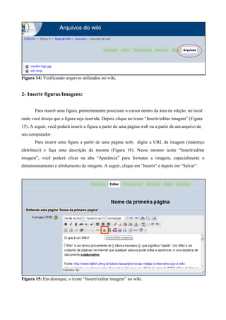 Figura 14: Verificando arquivos utilizados no wiki.
2- Inserir figuras/Imagens:
Para inserir uma figura, primeiramente posicione o cursor dentro da área de edição, no local
onde você deseja que a figura seja inserida. Depois clique no ícone “Inserir/editar imagem” (Figura
15). A seguir, você poderá inserir a figura a partir de uma página web ou a partir de um arquivo de
seu computador.
Para inserir uma figura a partir de uma página web, digite a URL da imagem (endereço
eletrônico) e faça uma descrição da mesma (Figura 16). Nesse mesmo ícone “Inserir/editar
imagem”, você poderá clicar na aba “Aparência” para formatar a imagem, especialmente o
dimensionamento e alinhamento da imagem. A seguir, clique em “Inserir” e depois em “Salvar”.
Figura 15: Em destaque, o ícone “Inserir/editar imagem” no wiki.
 