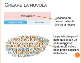 CREARE LA NUVOLA
11
Cliccando su
questo pulsante
si crea la nuvole
Le parole più grandi
sono quelle con un
peso maggiore:
ripetute più volte o
nelle prime posizioni
dell’elenco
 