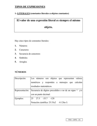 POO - GIPSI -
 
¤
TIPOS DE EXPRESIONES
1- LITERALES (constantes literales u objetos constantes)
El valor de una expresión literal es siempre el mismo
objeto.
Hay cinco tipos de constantes literales:
1. Números
2. Caracteres
3. Secuencia de caracteres
4. Símbolos
5. Arreglos
NÚMEROS
Descripción: Los números son objetos que representan valores
numéricos y responden a mensajes que calculan
resultados matemáticos.
Representación: Secuencia de dígitos precedidos o no de un signo '-' y/o
con un punto decimal.
Ejemplos: 25 27.5 -35.7 -128
Notación científica: 25.53e2 -8.126e-3.
 