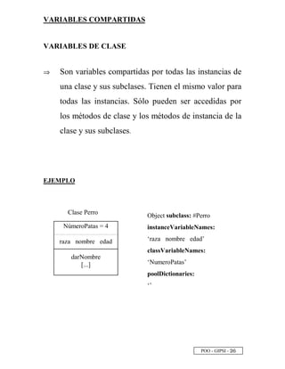 POO - GIPSI - ¡ ¥
VARIABLES COMPARTIDAS
VARIABLES DE CLASE
⇒⇒ Son variables compartidas por todas las instancias de
una clase y sus subclases. Tienen el mismo valor para
todas las instancias. Sólo pueden ser accedidas por
los métodos de clase y los métodos de instancia de la
clase y sus subclases.
EJEMPLO
Object subclass: #Perro
instanceVariableNames:
‘raza nombre edad’
classVariableNames:
‘NumeroPatas’
poolDictionaries:
‘’
NúmeroPatas = 4
raza nombre edad
darNombre
[...]
Clase Perro
 