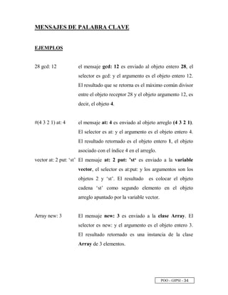 POO - GIPSI - ¢ £
MENSAJES DE PALABRA CLAVE
EJEMPLOS
28 gcd: 12 el mensaje gcd: 12 es enviado al objeto entero 28, el
selector es gcd: y el argumento es el objeto entero 12.
El resultado que se retorna es el máximo común divisor
entre el objeto receptor 28 y el objeto argumento 12, es
decir, el objeto 4.
#(4 3 2 1) at: 4 el mensaje at: 4 es enviado al objeto arreglo (4 3 2 1).
El selector es at: y el argumento es el objeto entero 4.
El resultado retornado es el objeto entero 1, el objeto
asociado con el índice 4 en el arreglo.
vector at: 2 put: ‘st’ El mensaje at: 2 put: ’st‘ es enviado a la variable
vector, el selector es at:put: y los argumentos son los
objetos 2 y ‘st’. El resultado es colocar el objeto
cadena ‘st’ como segundo elemento en el objeto
arreglo apuntado por la variable vector.
Array new: 3 El mensaje new: 3 es enviado a la clase Array. El
selector es new: y el argumento es el objeto entero 3.
El resultado retornado es una instancia de la clase
Array de 3 elementos.
 