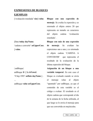 POO - GIPSI - £ ¡
EXPRESIONES DE BLOQUES
EJEMPLOS
[‘evaluación retardada’ size] value. Bloque con una expresión de
mensaje. Se evalúa la expresión y es
retornado el objeto entero 20 que
representa en tamaño en caracteres
del objeto cadena ‘evaluación
retardada’.
[Date today dayName.
‘cadena a convertir’ asUpperCase.
] value.
Bloque con más de una expresión
de mensaje. Se evalúan las
expresiones una a una y es retornado
el objeto cadena ‘CADENA A
CONVERTIR’ que representa el
resultado de la evaluación de la
última expresión del bloque.
| unBloque|
unBloque g [ $o isVowel.
‘9 Sep 1995’ asDate dayName.] .
...
unBloque value asUpperCase.
Asignación de un bloque a una
variable temporal. En este caso el
bloque es evaluado cuando se envía
el mensaje value al objeto
“apuntado” por unBloque, ya que el
contenido de esta variable es el
código a evaluar. El resultado es el
objeto cadena que corresponde al día
de la semana de la fecha utilizada, al
que luego se le envía el mensaje para
que sea convertida en mayúsculas.
 