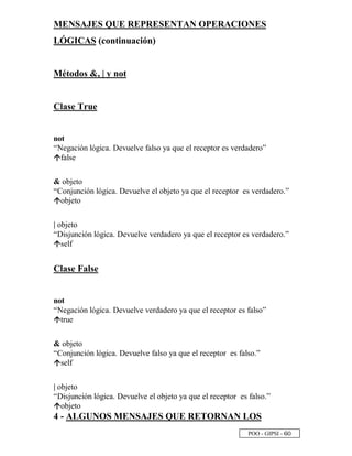 POO - GIPSI - ¥
©
MENSAJES QUE REPRESENTAN OPERACIONES
LÓGICAS (continuación)
Métodos , | y not
Clase True
not
“Negación lógica. Devuelve falso ya que el receptor es verdadero”–
false
 objeto
“Conjunción lógica. Devuelve el objeto ya que el receptor es verdadero.”–
objeto
| objeto
“Disjunción lógica. Devuelve verdadero ya que el receptor es verdadero.”–
self
Clase False
not
“Negación lógica. Devuelve verdadero ya que el receptor es falso”–
true
 objeto
“Conjunción lógica. Devuelve falso ya que el receptor es falso.”–
self
| objeto
“Disjunción lógica. Devuelve el objeto ya que el receptor es falso.”–
objeto
4 - ALGUNOS MENSAJES QUE RETORNAN LOS
 