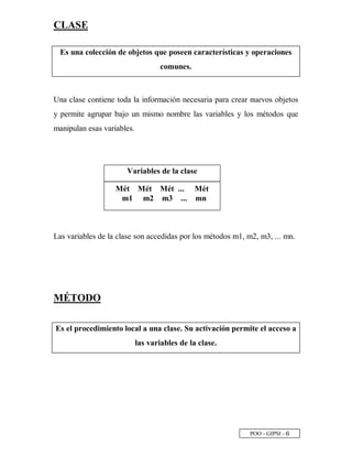 POO - GIPSI - ¥
CLASE
Es una colección de objetos que poseen características y operaciones
comunes.
Una clase contiene toda la información necesaria para crear nuevos objetos
y permite agrupar bajo un mismo nombre las variables y los métodos que
manipulan esas variables.
Las variables de la clase son accedidas por los métodos m1, m2, m3, ... mn.
MÉTODO
Es el procedimiento local a una clase. Su activación permite el acceso a
las variables de la clase.
Variables de la clase
Mét Mét Mét ... Mét
m1 m2 m3 ... mn
 