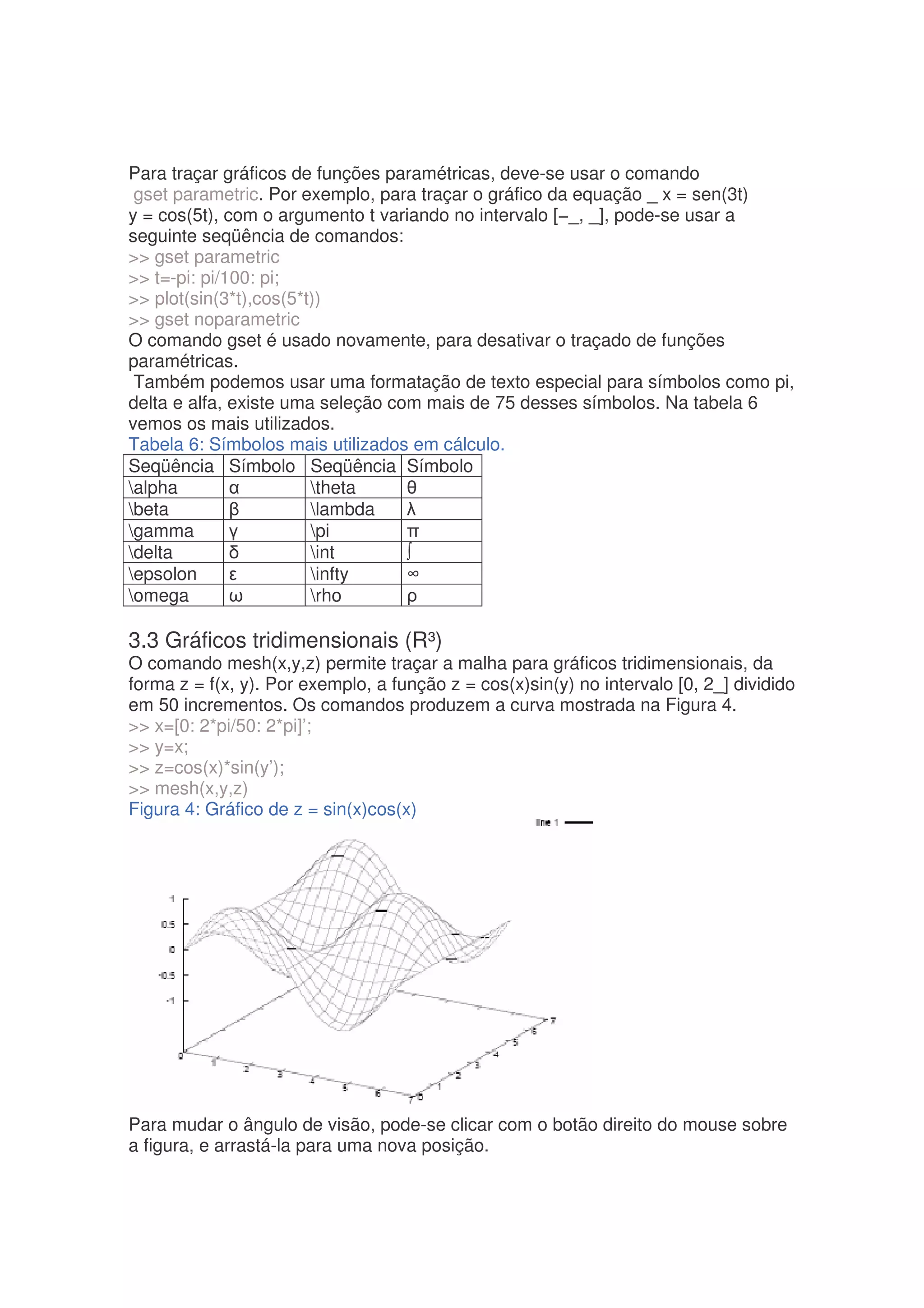 Para traçar gráficos de funções paramétricas, deve-se usar o comando
 gset parametric. Por exemplo, para traçar o gráfico da equação _ x = sen(3t)
y = cos(5t), com o argumento t variando no intervalo [−_, _], pode-se usar a
seguinte seqüência de comandos:
 gset parametric
 t=-pi: pi/100: pi;
 plot(sin(3*t),cos(5*t))
 gset noparametric
O comando gset é usado novamente, para desativar o traçado de funções
paramétricas.
 Também podemos usar uma formatação de texto especial para símbolos como pi,
delta e alfa, existe uma seleção com mais de 75 desses símbolos. Na tabela 6
vemos os mais utilizados.
Tabela 6: Símbolos mais utilizados em cálculo.
Seqüência Símbolo Seqüência Símbolo
alpha                  theta
beta                   lambda
gamma                  pi
delta                  int
epsolon                infty
omega                  rho

3.3 Gráficos tridimensionais (R³)
O comando mesh(x,y,z) permite traçar a malha para gráficos tridimensionais, da
forma z = f(x, y). Por exemplo, a função z = cos(x)sin(y) no intervalo [0, 2_] dividido
em 50 incrementos. Os comandos produzem a curva mostrada na Figura 4.
 x=[0: 2*pi/50: 2*pi]’;
 y=x;
 z=cos(x)*sin(y’);
 mesh(x,y,z)
Figura 4: Gráfico de z = sin(x)cos(x)




Para mudar o ângulo de visão, pode-se clicar com o botão direito do mouse sobre
a figura, e arrastá-la para uma nova posição.
 
