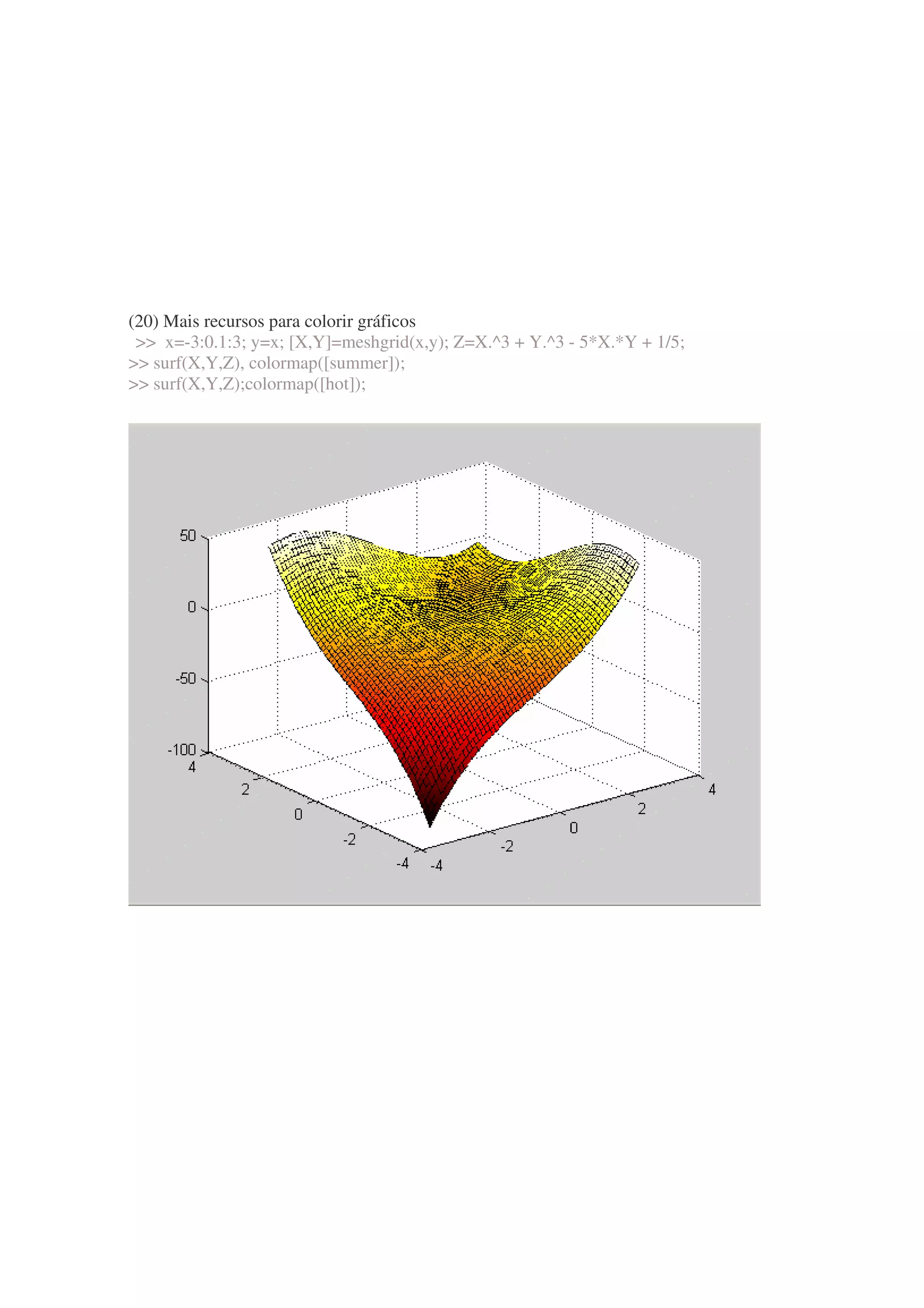 (20) Mais recursos para colorir gráficos
  x=-3:0.1:3; y=x; [X,Y]=meshgrid(x,y); Z=X.^3 + Y.^3 - 5*X.*Y + 1/5;
 surf(X,Y,Z), colormap([summer]);
 surf(X,Y,Z);colormap([hot]);
 