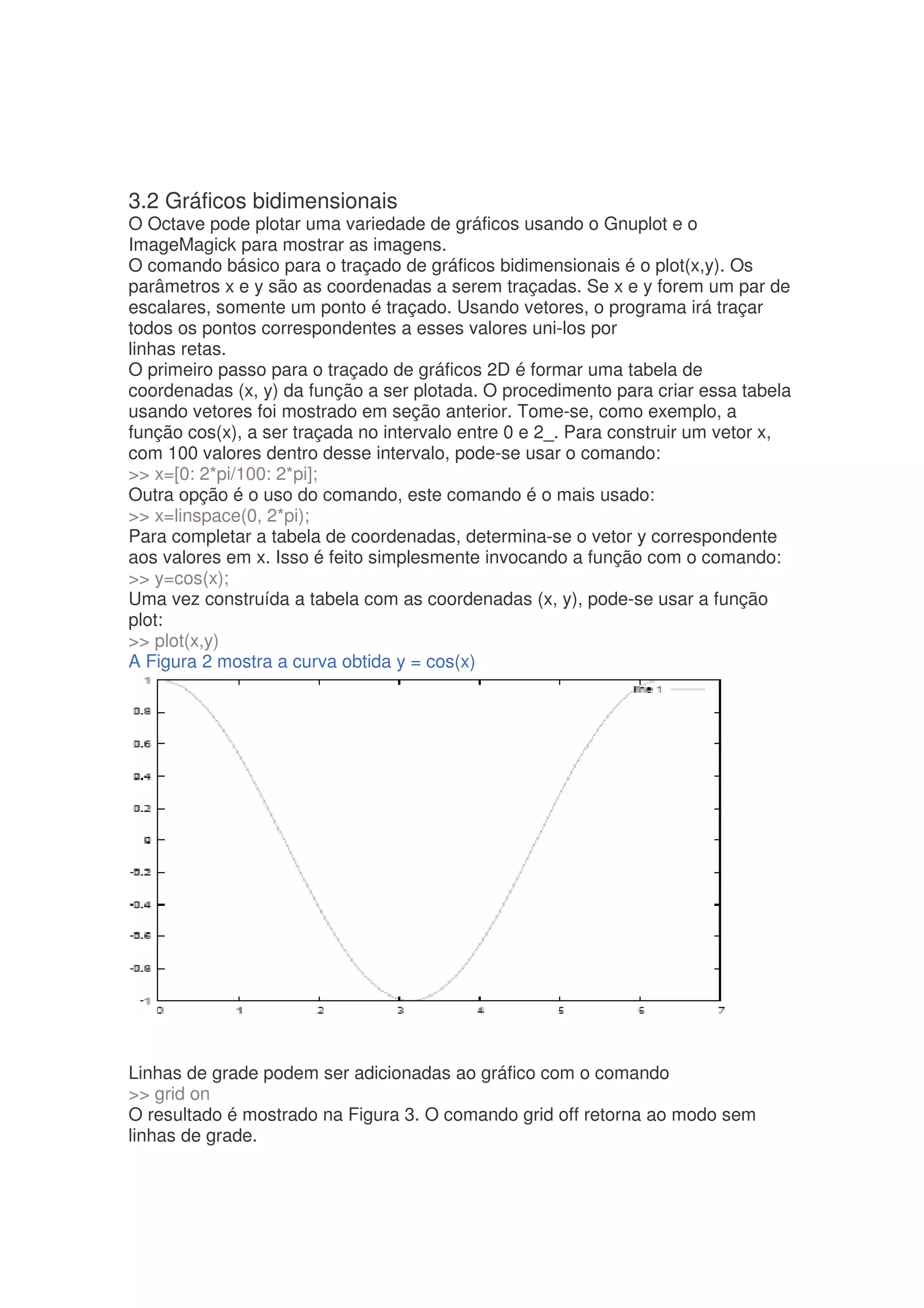 3.2 Gráficos bidimensionais
O Octave pode plotar uma variedade de gráficos usando o Gnuplot e o
ImageMagick para mostrar as imagens.
O comando básico para o traçado de gráficos bidimensionais é o plot(x,y). Os
parâmetros x e y são as coordenadas a serem traçadas. Se x e y forem um par de
escalares, somente um ponto é traçado. Usando vetores, o programa irá traçar
todos os pontos correspondentes a esses valores uni-los por
linhas retas.
O primeiro passo para o traçado de gráficos 2D é formar uma tabela de
coordenadas (x, y) da função a ser plotada. O procedimento para criar essa tabela
usando vetores foi mostrado em seção anterior. Tome-se, como exemplo, a
função cos(x), a ser traçada no intervalo entre 0 e 2_. Para construir um vetor x,
com 100 valores dentro desse intervalo, pode-se usar o comando:
 x=[0: 2*pi/100: 2*pi];
Outra opção é o uso do comando, este comando é o mais usado:
 x=linspace(0, 2*pi);
Para completar a tabela de coordenadas, determina-se o vetor y correspondente
aos valores em x. Isso é feito simplesmente invocando a função com o comando:
 y=cos(x);
Uma vez construída a tabela com as coordenadas (x, y), pode-se usar a função
plot:
 plot(x,y)
A Figura 2 mostra a curva obtida y = cos(x)




Linhas de grade podem ser adicionadas ao gráfico com o comando
 grid on
O resultado é mostrado na Figura 3. O comando grid off retorna ao modo sem
linhas de grade.
 