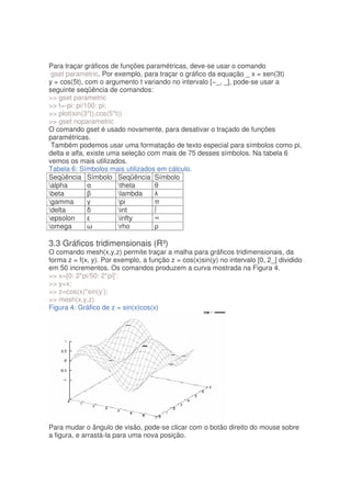 Para traçar gráficos de funções paramétricas, deve-se usar o comando
 gset parametric. Por exemplo, para traçar o gráfico da equação _ x = sen(3t)
y = cos(5t), com o argumento t variando no intervalo [−_, _], pode-se usar a
seguinte seqüência de comandos:
 gset parametric
 t=-pi: pi/100: pi;
 plot(sin(3*t),cos(5*t))
 gset noparametric
O comando gset é usado novamente, para desativar o traçado de funções
paramétricas.
 Também podemos usar uma formatação de texto especial para símbolos como pi,
delta e alfa, existe uma seleção com mais de 75 desses símbolos. Na tabela 6
vemos os mais utilizados.
Tabela 6: Símbolos mais utilizados em cálculo.
Seqüência Símbolo Seqüência Símbolo
alpha                  theta
beta                   lambda
gamma                  pi
delta                  int
epsolon                infty
omega                  rho

3.3 Gráficos tridimensionais (R³)
O comando mesh(x,y,z) permite traçar a malha para gráficos tridimensionais, da
forma z = f(x, y). Por exemplo, a função z = cos(x)sin(y) no intervalo [0, 2_] dividido
em 50 incrementos. Os comandos produzem a curva mostrada na Figura 4.
 x=[0: 2*pi/50: 2*pi]’;
 y=x;
 z=cos(x)*sin(y’);
 mesh(x,y,z)
Figura 4: Gráfico de z = sin(x)cos(x)




Para mudar o ângulo de visão, pode-se clicar com o botão direito do mouse sobre
a figura, e arrastá-la para uma nova posição.
 