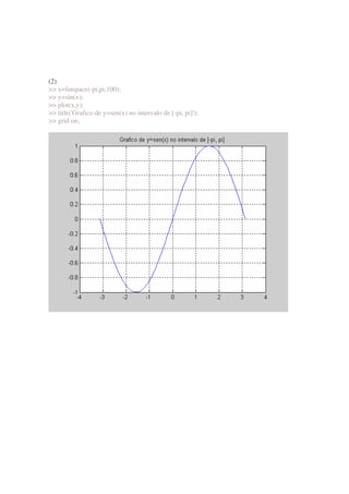 (2)
 x=linspace(-pi,pi,100);
 y=sin(x);
 plot(x,y);
 title('Grafico de y=sen(x) no intervalo de [-pi, pi]');
 grid on;
 