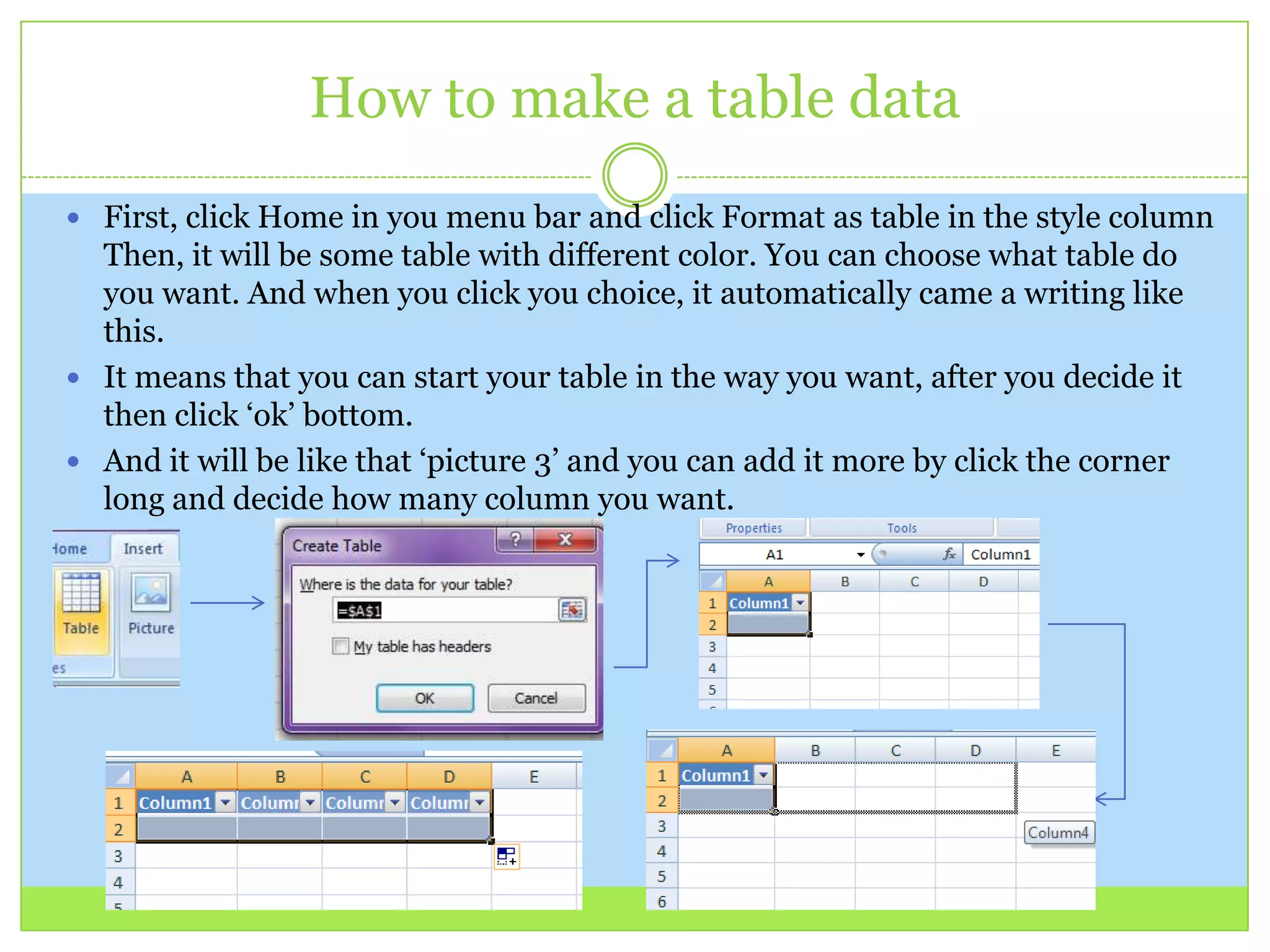How to make a table data
 First, click Home in you menu bar and click Format as table in the style column
Then, it will be some table with different color. You can choose what table do
you want. And when you click you choice, it automatically came a writing like
this.
 It means that you can start your table in the way you want, after you decide it
then click ‘ok’ bottom.
 And it will be like that ‘picture 3’ and you can add it more by click the corner
long and decide how many column you want.
 