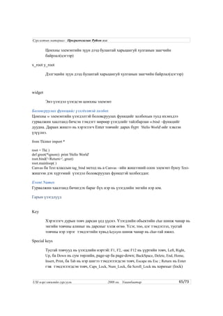 Цонхны элемэнтийн зүүн дээд булантай харьцангуй хулганын заагчийн
байрлал(цэгээр)
x_root y_root
Дэлгэцийн зүүн дээд булантай харьцангуй хулганын заагчийн байрлал(цэгээр)
widget
Энэ үзэгдэл үзэгдсэн цонхны элемэнт
Боловсруулах функцийг үзэгдэлтэй холбох
Цонхны w элемэнтийн үзэгдэлтэй боловсруулах функцийг холбохын тулд ихэнхдээ
гурвалжин хаалтанд бичсэн тэмдэгт мөрөөр үзэгдлийг тайлбарлан w.bind –функцийг
дуудна. Дараах жишээ нь хэрэглэгч Enter товчийг дарах бүрт 'Hello World'-ийг хэвлэн
үзүүлнэ.
from Tkinter import *
root = Tk( )
def greet(*ignore): print 'Hello World'
root.bind('<Return>', greet)
root.mainloop( )
Canvas ба Text классын tag_bind метод нь a Canvas –ийн жишээний олон элемэнт буюу Text-
жишээн дэх хүрээний үзэгдэл боловсруулах функцтэй холбогддог.
Event Names
Гурвалжин хаалтанд бичигдэх бараг бүх нэр нь үзэгдлийн энгийн нэр юм.
Гарын үзэгдлүүд
Key
Хэрэглэгч дурын товч дарсан үед үүснэ. Үзэгдлийн обьектийн char шинж чанар нь
энгийн товчны алиныг нь дарсныг хэлж өгнө. Үсэг, тоо, цэг тэмдэглэл, тусгай
товчны нэр зэрэг тэмдэгтийн хувьд keysym шинж чанар нь char-тай ижил.
Special keys
Тусгай товчууд нь үзэгдлийн нэртэй: F1, F2, -аас F12 нь үүргийн товч, Left, Right,
Up, ба Down нь сум төрлийн, page-up ба page-down; BackSpace, Delete, End, Home,
Insert, Print, ба Tab нь нэр шигээ тэмдэглэгдсэн товч, Escape нь Esc ; Return нь Enter
гэж тэмдэглэгдсэн товч, Caps_Lock, Num_Lock, ба Scroll_Lock нь хорихыг (lock)
65/73
Сургалтын материал : Програмчлалын Python хэл
USI мэргэжилийн сургууль 2008 он. Улаанбаатар
 