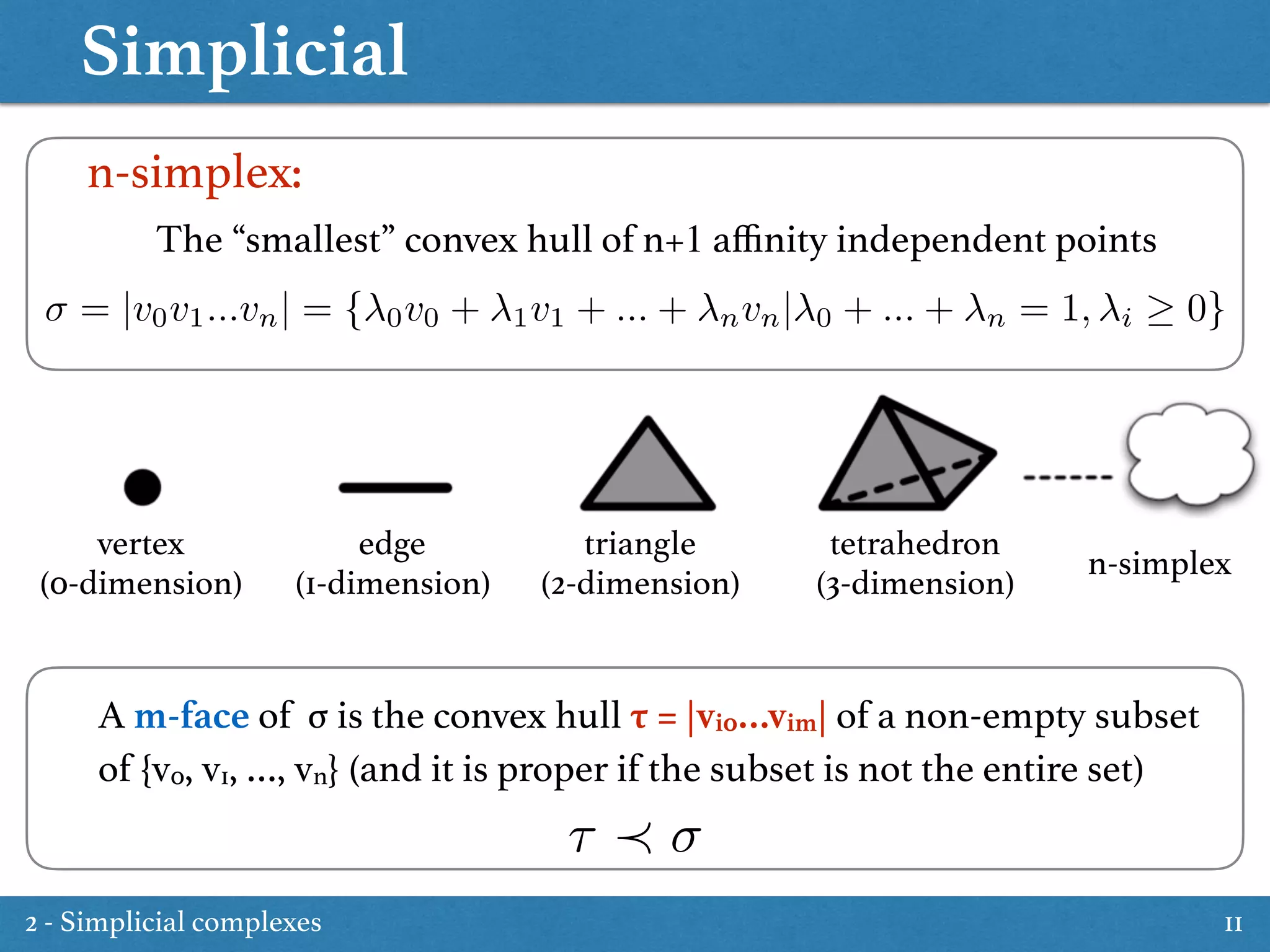 Simplicial
11
n-simplex:
The “smallest” convex hull of n+1 aﬃnity independent points
vertex 
(0-dimension)
edge 
(1-dimension)
triangle 
(2-dimension)
tetrahedron 
(3-dimension)
n-simplex
= |v0v1...vn| = { 0v0 + 1v1 + ... + nvn| 0 + ... + n = 1, i 0}
A m-face of σ is the convex hull τ = |vi0…vim| of a non-empty subset
of {v0, v1, …, vn} (and it is proper if the subset is not the entire set)
⌧
2 - Simplicial complexes
 