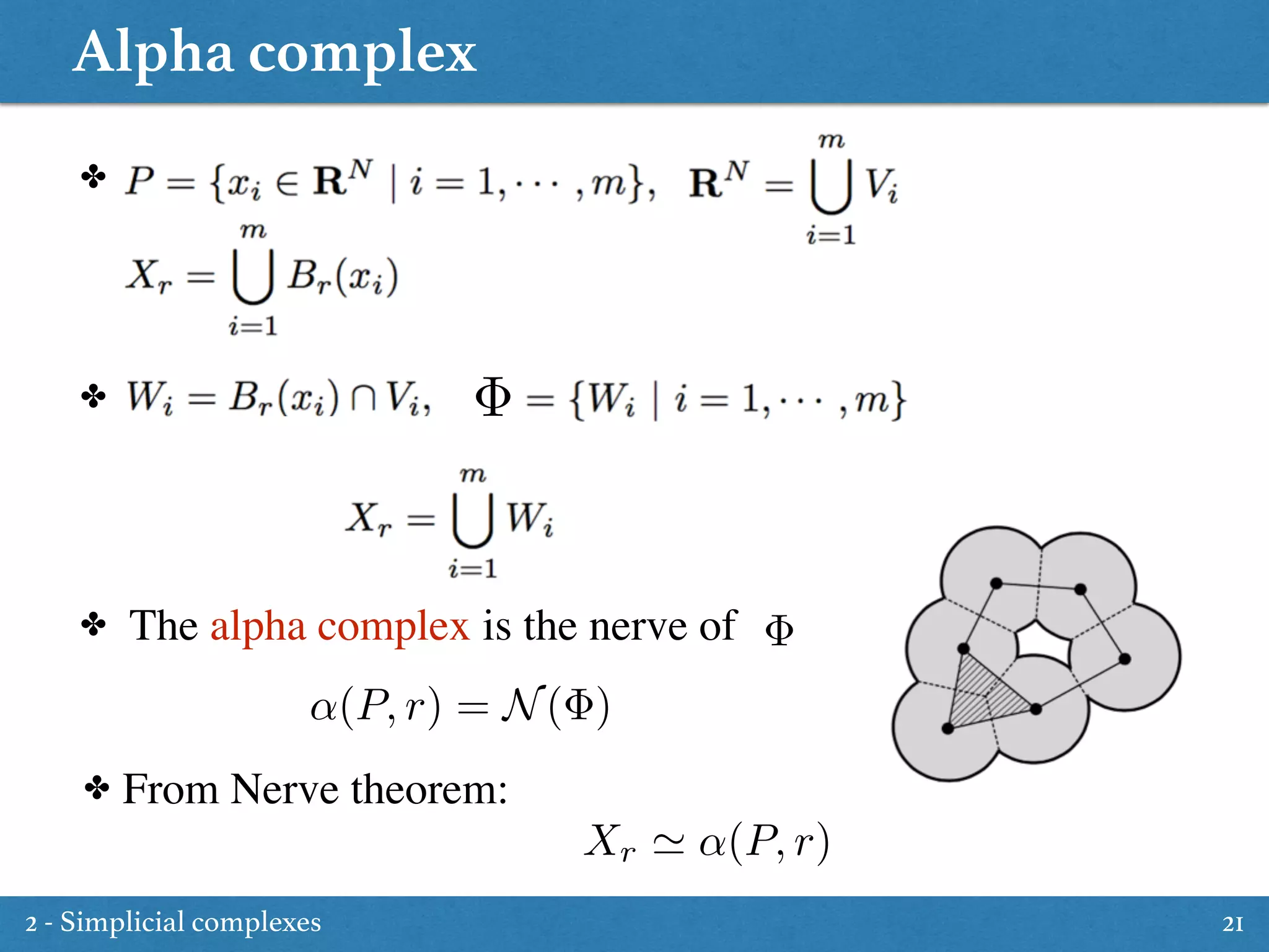 Alpha complex
21
✤
✤
✤ The alpha complex is the nerve of
↵(P, r) = N( )
✤ From Nerve theorem:
Xr ' ↵(P, r)
2 - Simplicial complexes
 