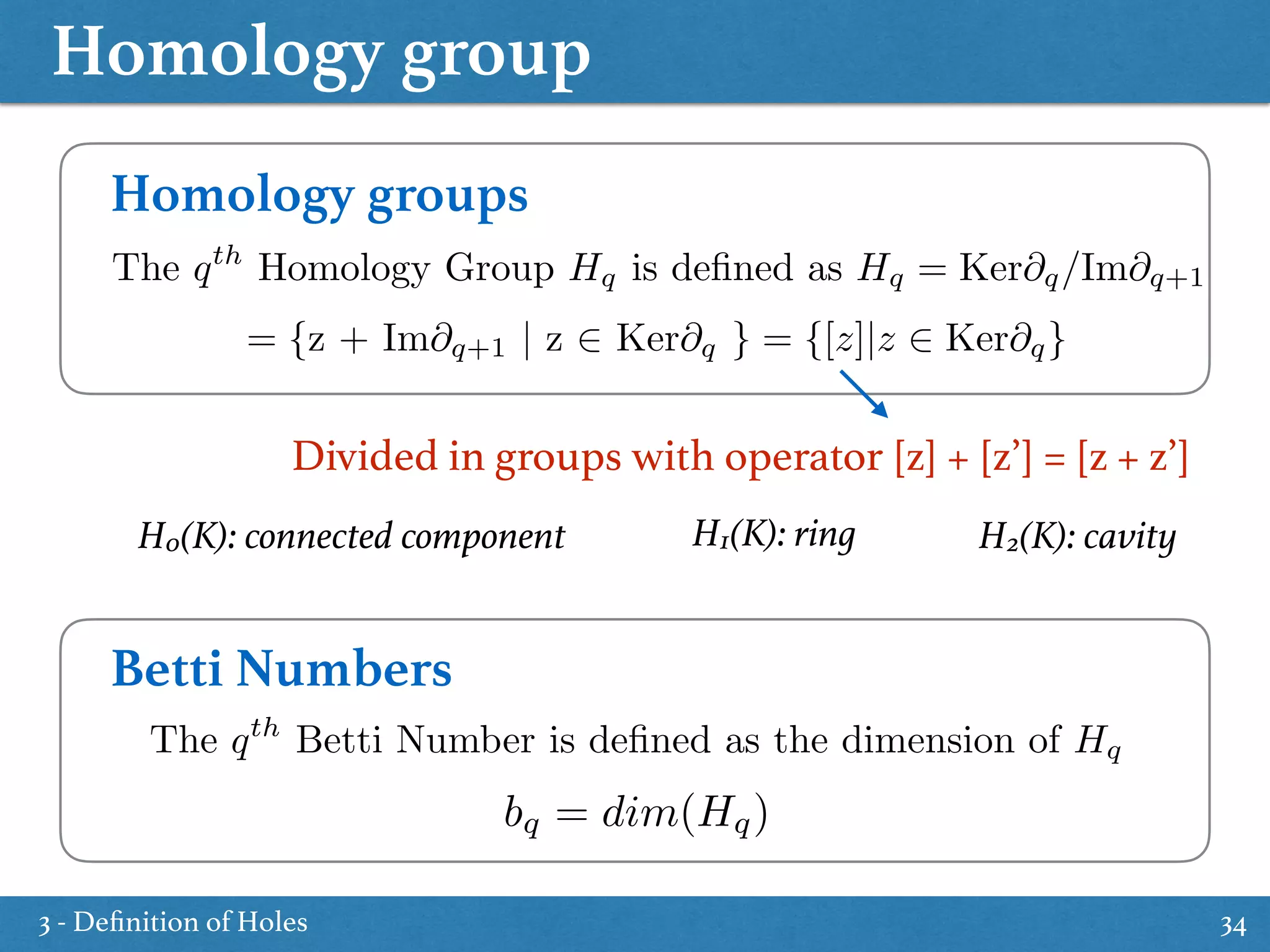 Homology group
34
Homology groups
The qth
Homology Group Hq is deﬁned as Hq = Ker@q/Im@q+1
= {z + Im@q+1 | z 2 Ker@q } = {[z]|z 2 Ker@q}
Divided in groups with operator [z] + [z’] = [z + z’]
Betti Numbers
The qth
Betti Number is deﬁned as the dimension of Hq
bq = dim(Hq)
H0(K): connected component H1(K): ring H2(K): cavity
3 - Deﬁnition of Holes
 
