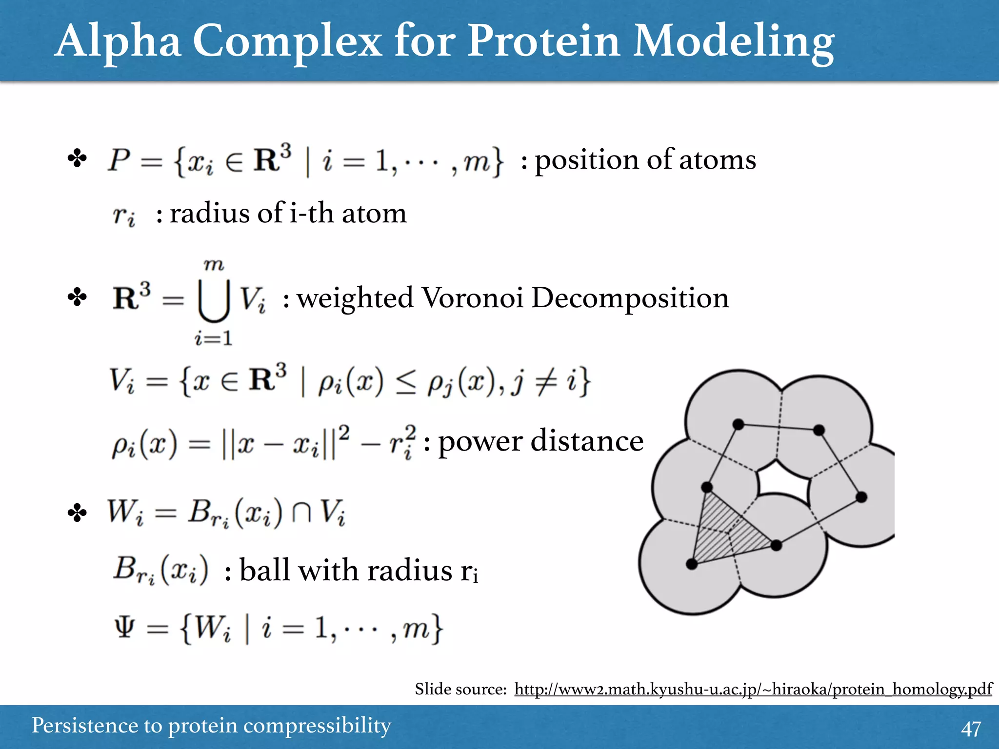 Alpha Complex for Protein Modeling
Persistence to protein compressibility 47
✤
✤
✤
: position of atoms
: radius of i-th atom
: weighted Voronoi Decomposition
: power distance
: ball with radius ri
Slide source: http://www2.math.kyushu-u.ac.jp/~hiraoka/protein_homology.pdf
 