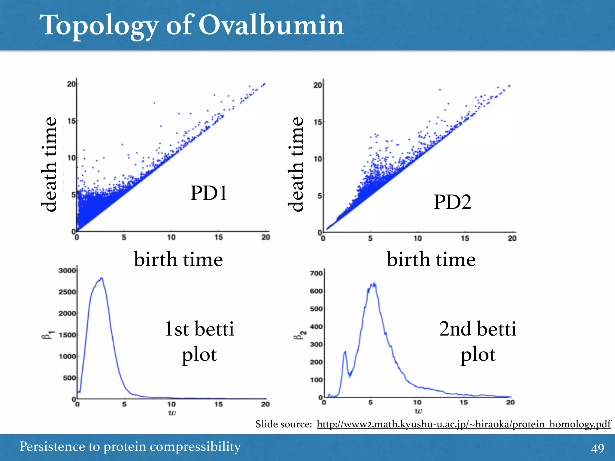 Topology of Ovalbumin
Persistence to protein compressibility 49
birth time
deathtime
birth time
deathtime
1st betti
plot
2nd betti
plot
PD1 PD2
Slide source: http://www2.math.kyushu-u.ac.jp/~hiraoka/protein_homology.pdf
 