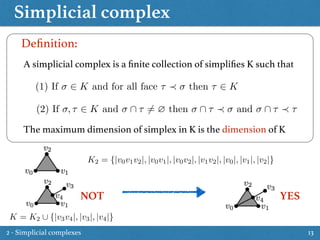 Simplicial complex
13
Deﬁnition:
A simplicial complex is a ﬁnite collection of simpliﬁes K such that
(1) If 2 K and for all face ⌧ then ⌧ 2 K
(2) If , ⌧ 2 K and  ⌧ 6= ? then  ⌧ and  ⌧ ⌧
The maximum dimension of simplex in K is the dimension of K
K2 = {|v0v1v2|, |v0v1|, |v0v2|, |v1v2|, |v0|, |v1|, |v2|}
K = K2 [ {|v3v4|, |v3|, |v4|}
NOT YES
2 - Simplicial complexes
 