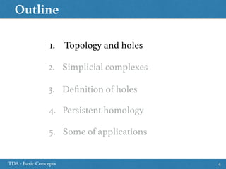 Outline
TDA - Basic Concepts 4
1. Topology and holes
5. Some of applications
2. Simplicial complexes
4. Persistent homology
3. Deﬁnition of holes
 