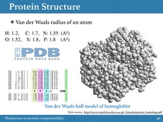 Protein Structure
Persistence to protein compressibility 46
✤ Van der Waals radius of an atom
H: 1.2, C: 1.7, N: 1.55 (A0)
O: 1.52, S: 1.8, P: 1.8 (A0)
Slide source: http://www2.math.kyushu-u.ac.jp/~hiraoka/protein_homology.pdf
Van der Waals ball model of hemoglobin
 