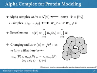 Alpha Complex for Protein Modeling
Persistence to protein compressibility 48
✤
✤
✤
Alpha complex nerve
k - simplex
Nerve lemma
Changing radius
to form a ﬁltration (by w)
Slide source: http://www2.math.kyushu-u.ac.jp/~hiraoka/protein_homology.pdf
 