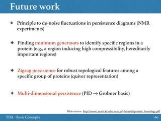 Future work
TDA - Basic Concepts 60
✤ Principle to de-noise ﬂuctuations in persistence diagrams (NMR
experiments)
✤ Finding minimum generators to identify speciﬁc regions in a
protein (e.g., a region inducing high compressibility, hereditarily
important regions)
✤ Zigzag persistence for robust topological features among a
speciﬁc group of proteins (quiver representation)
✤ Multi-dimensional persistence (PID → Grobner basic)
Slide source: http://www2.math.kyushu-u.ac.jp/~hiraoka/protein_homology.pdf
 