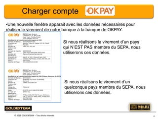 Charger compte
•Une nouvelle fenêtre apparait avec les données nécessaires pour
réaliser le virement de notre banque à la banque de OKPAY.
Si nous réalisons le virement d’un pays
qui N’EST PAS membre du SEPA, nous
utiliserons ces données.

Si nous réalisons le virement d’un
quelconque pays membre du SEPA, nous
utiliserons ces données.

© 2013 GOLDEXTEAM – Tous droits réservés

15

 