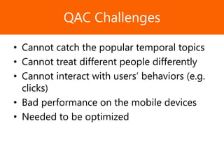 Образец заголовкаQAC Challenges
• Cannot catch the popular temporal topics
• Cannot treat different people differently
• Cannot interact with users’ behaviors (e.g.
clicks)
• Bad performance on the mobile devices
• Needed to be optimized
 